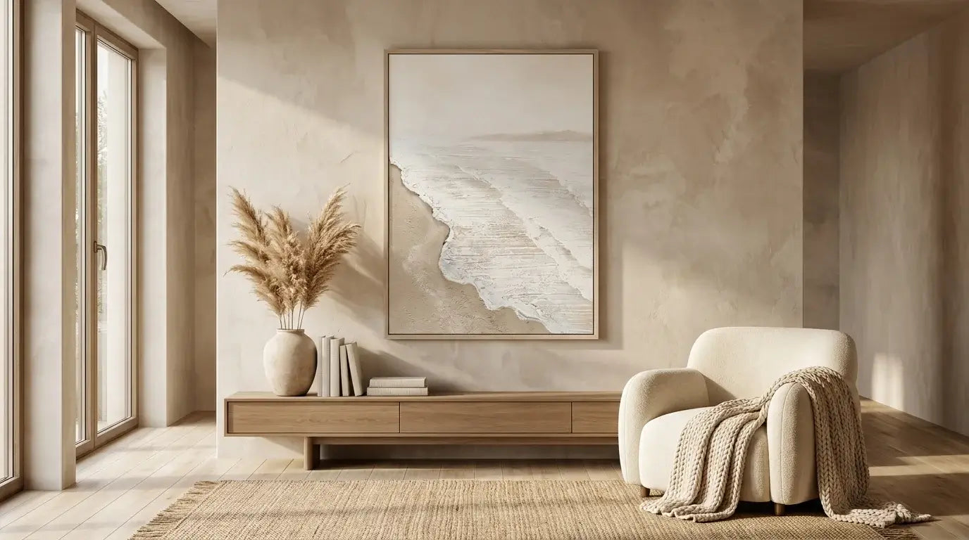 Modern living room with a beige armchair, wooden coffee table, and abstract art on the wall.