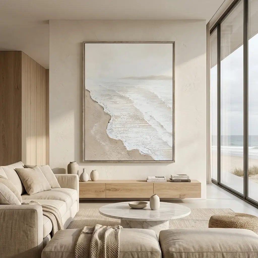 Modern living room with a large beach-themed painting on the wall.