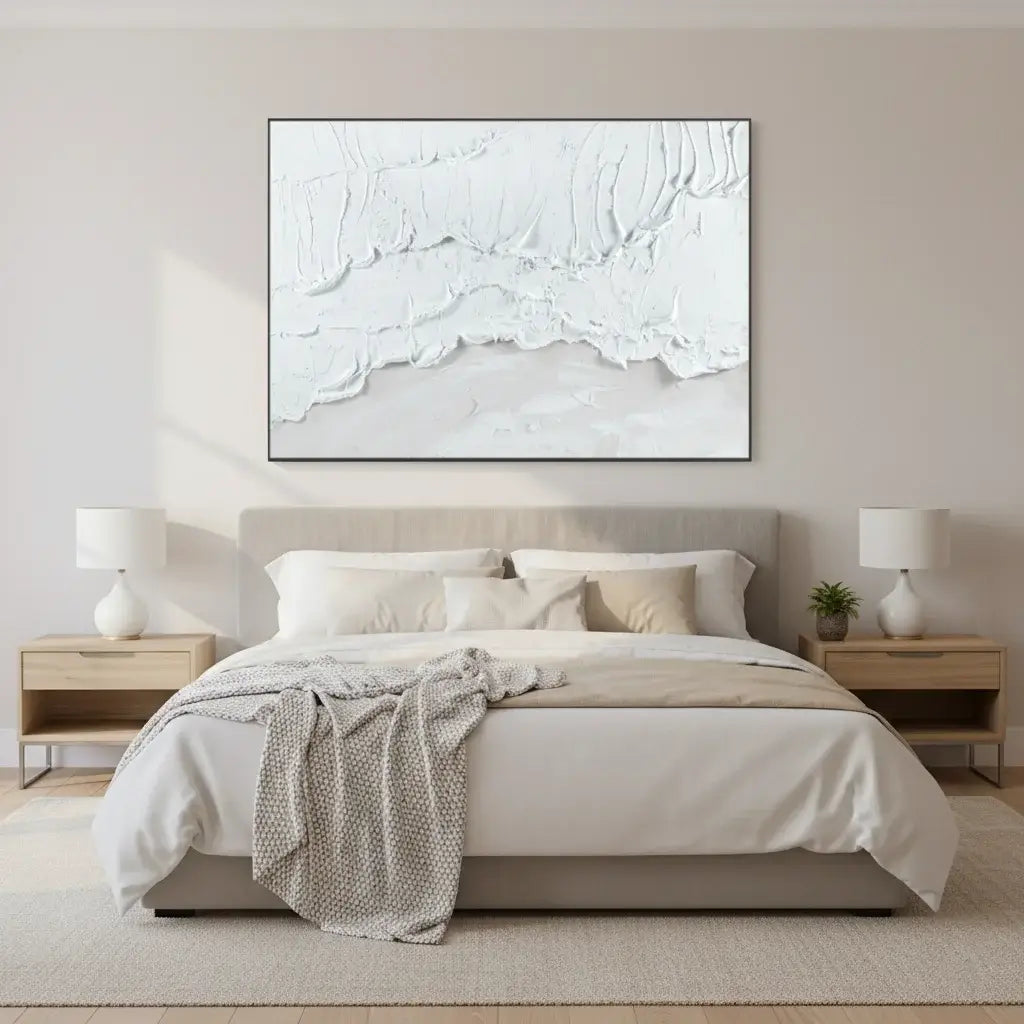 Modern bedroom with a bed, nightstands, and abstract wall art.