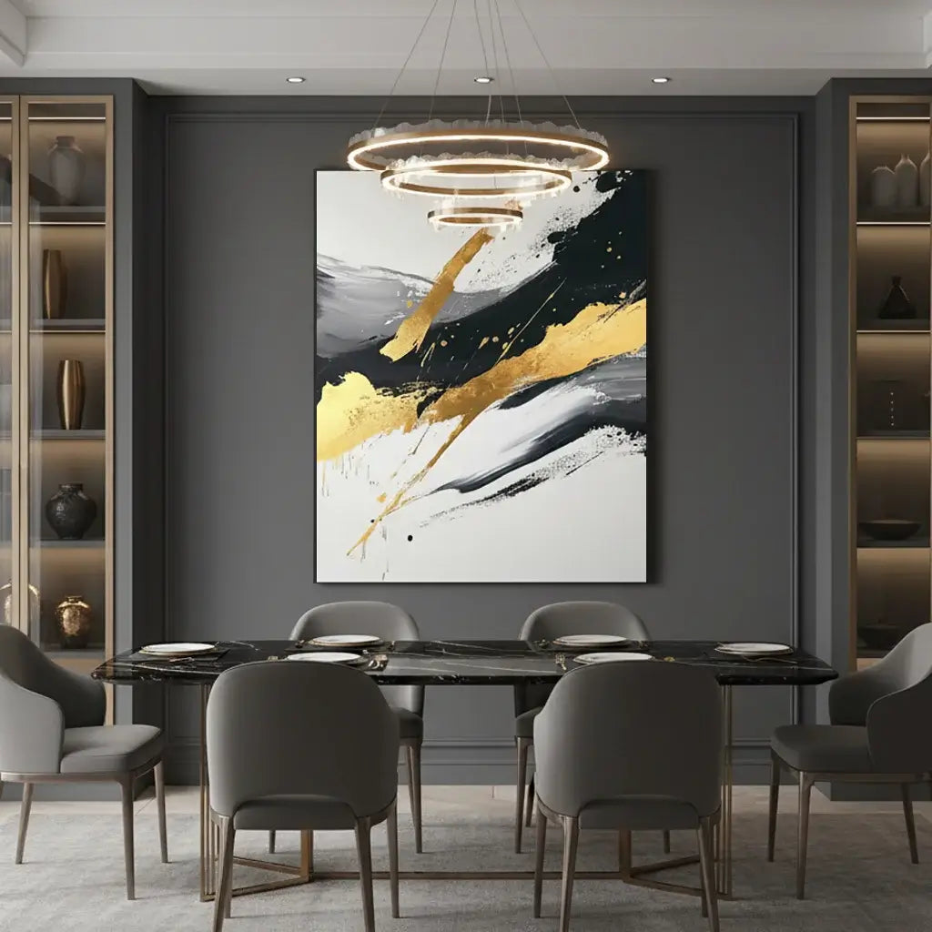 Dining room with a modern abstract painting on the wall, gray chairs, and a chandelier.