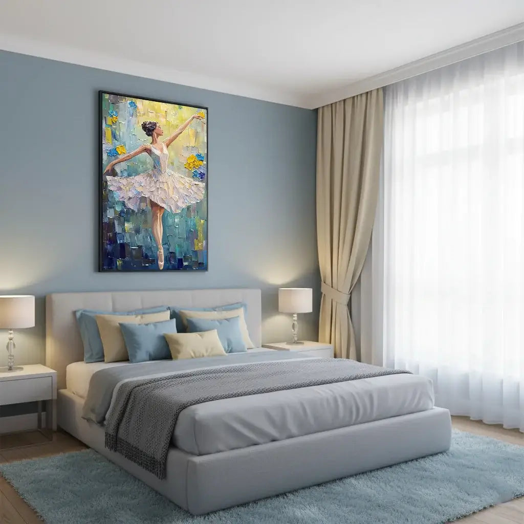 Framed painting of a dancer in a living room setting with a sofa and decorative items.