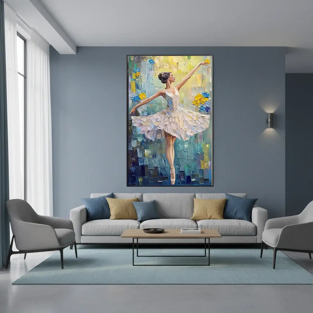 Living room with a large painting of a ballerina on a blue wall.