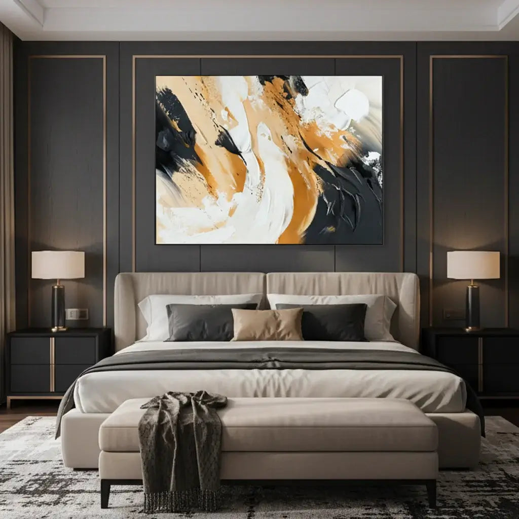 Modern bedroom with a bed, nightstands, and abstract wall art.
