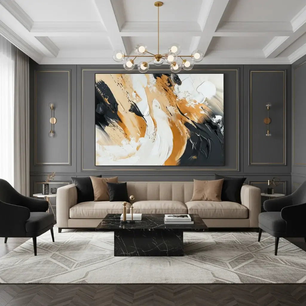 Modern living room with a beige sofa, black coffee table, and abstract painting on a gray wall.