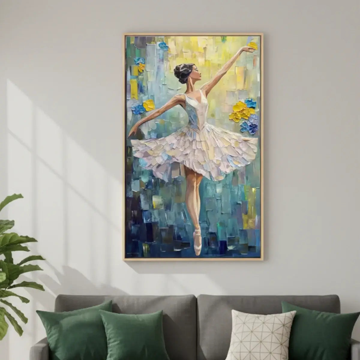 Painting of a ballerina in a colorful abstract setting above a sofa with green cushions.