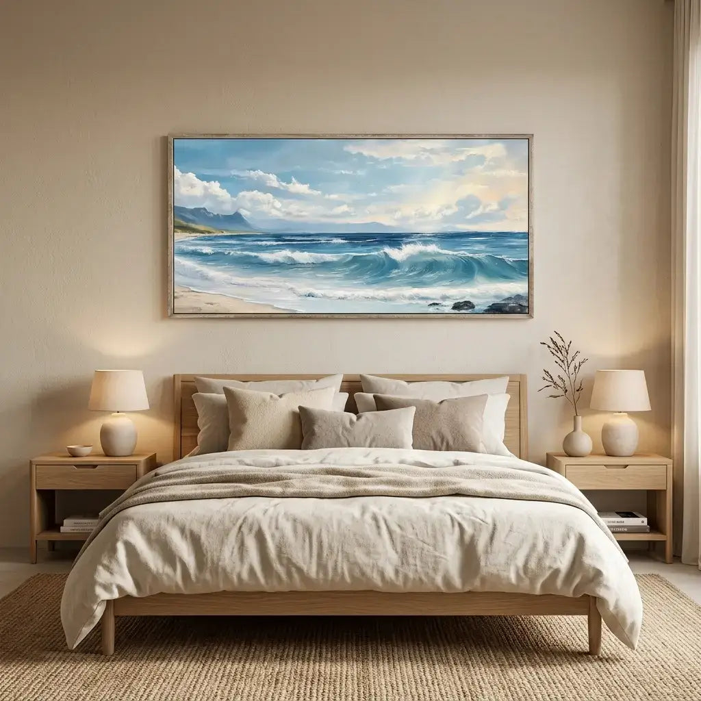 Bedroom with a large bed, nightstands, and a painting of a beach scene on the wall.