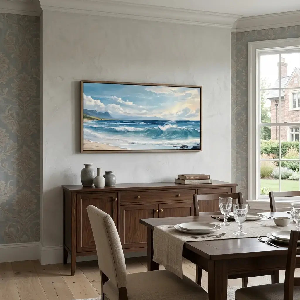 Dining room with a large framed seascape painting on the wall above a wooden sideboard.