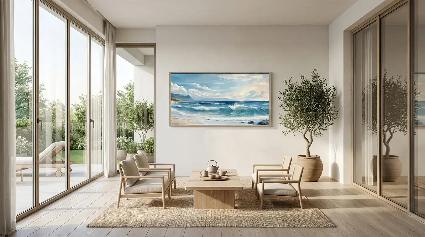 Modern living room with a large window view of greenery, a painting of a beach scene, and a table with chairs.