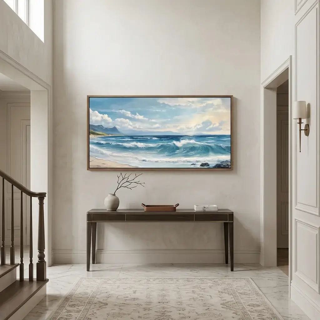 Framed artwork of a beach scene in a modern interior setting.