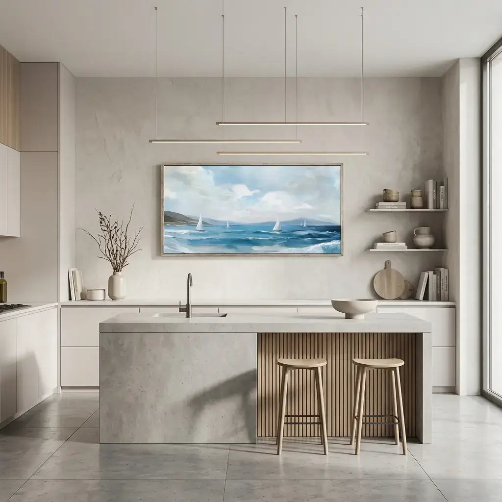 Modern kitchen with a painting of a seascape on the wall