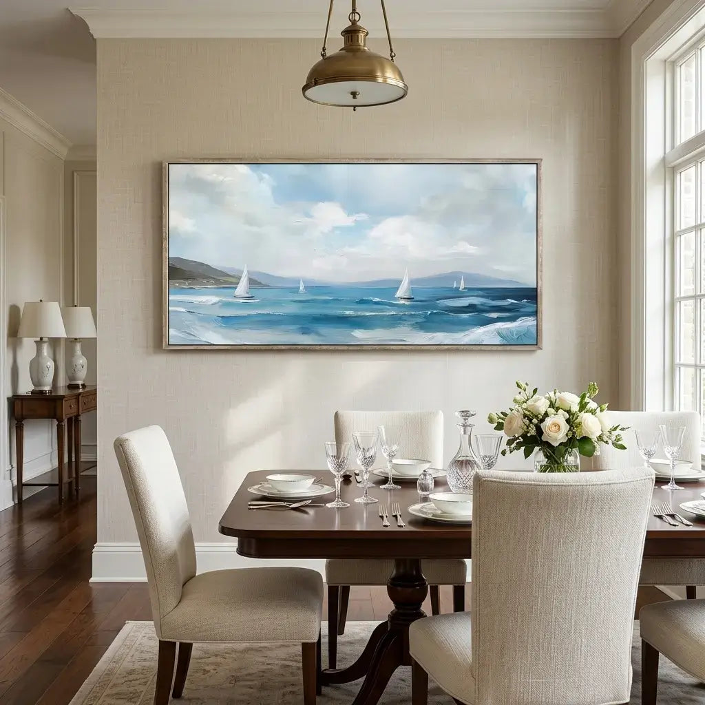 Dining room with a table set for a meal, chairs, and a large painting of sailboats on the wall.