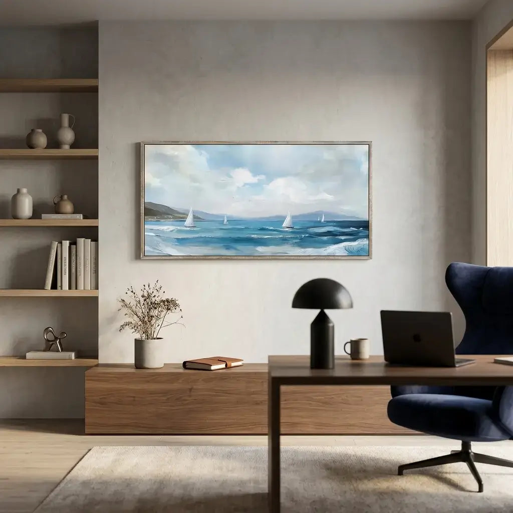 Modern office interior with a desk, chair, and wall art of sailboats on water.