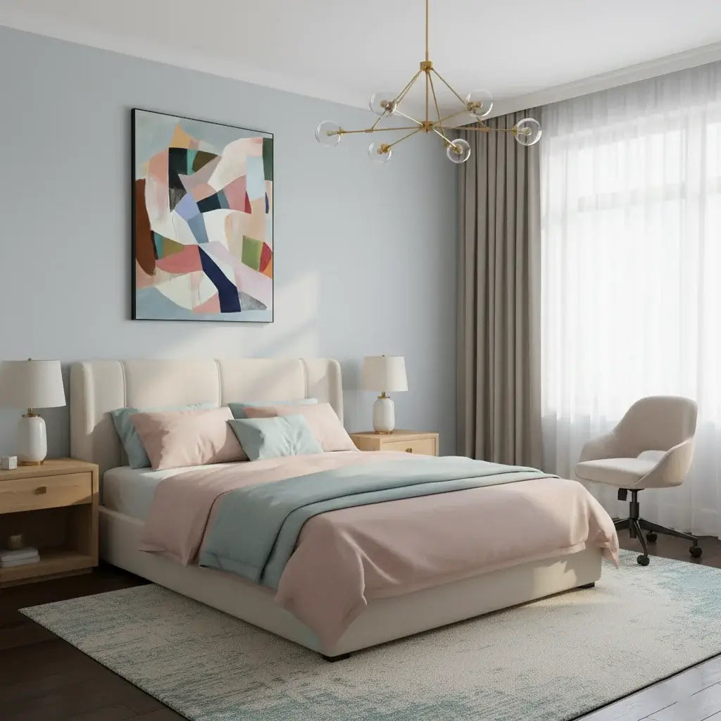 Modern bedroom with a bed, nightstands, lamps, and abstract art on the wall.