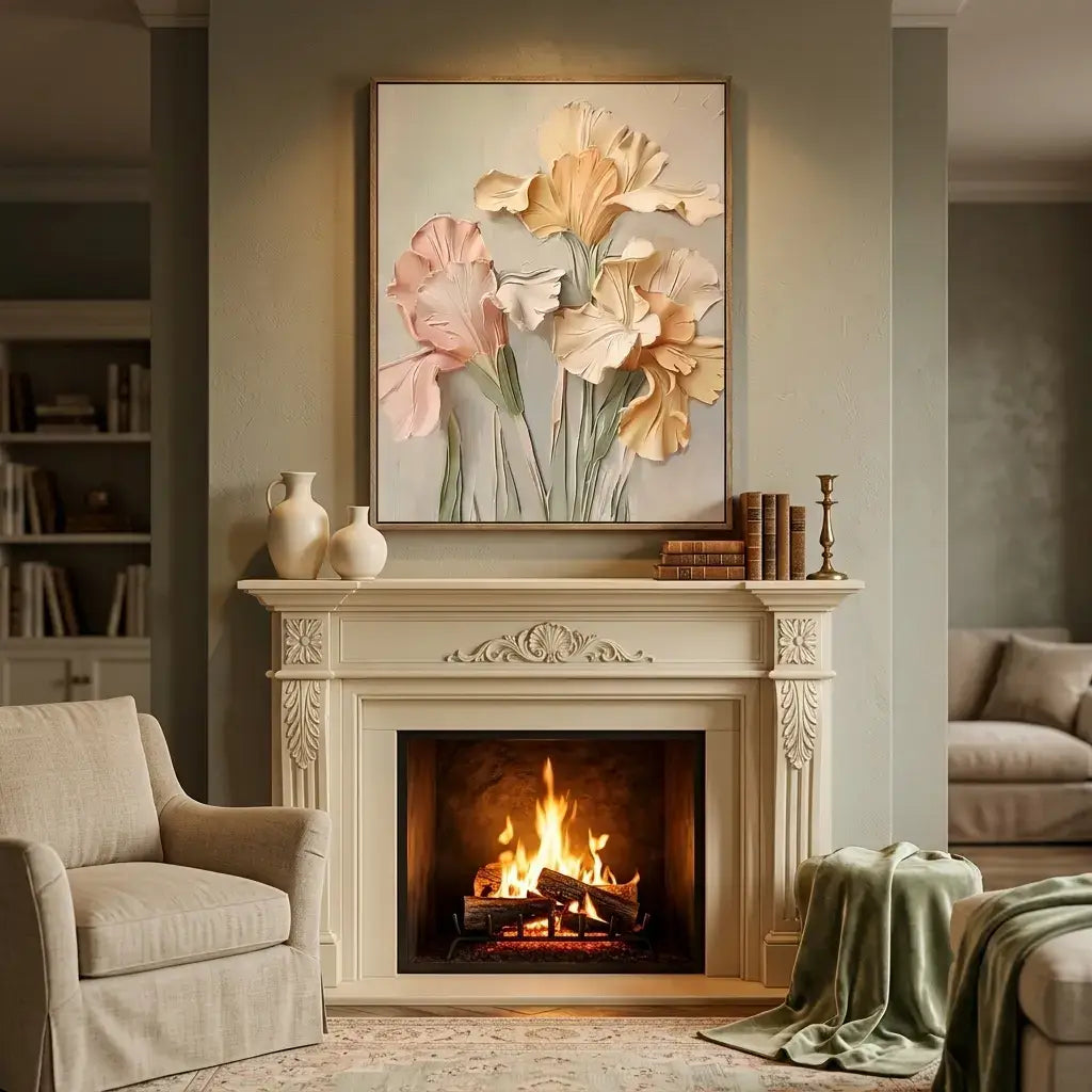 Floral painting above a fireplace in a cozy living room.
