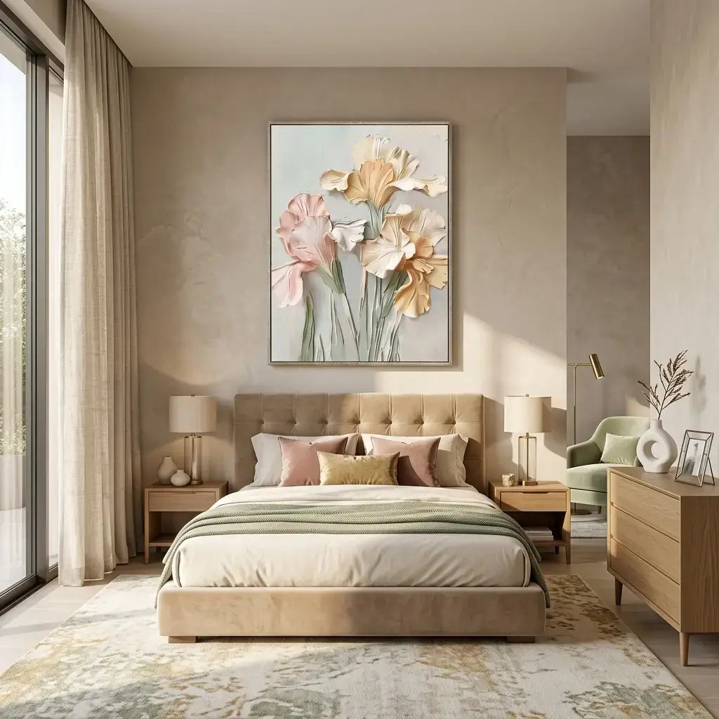 Modern bedroom with a floral painting on the wall, bed with pillows, and side tables.