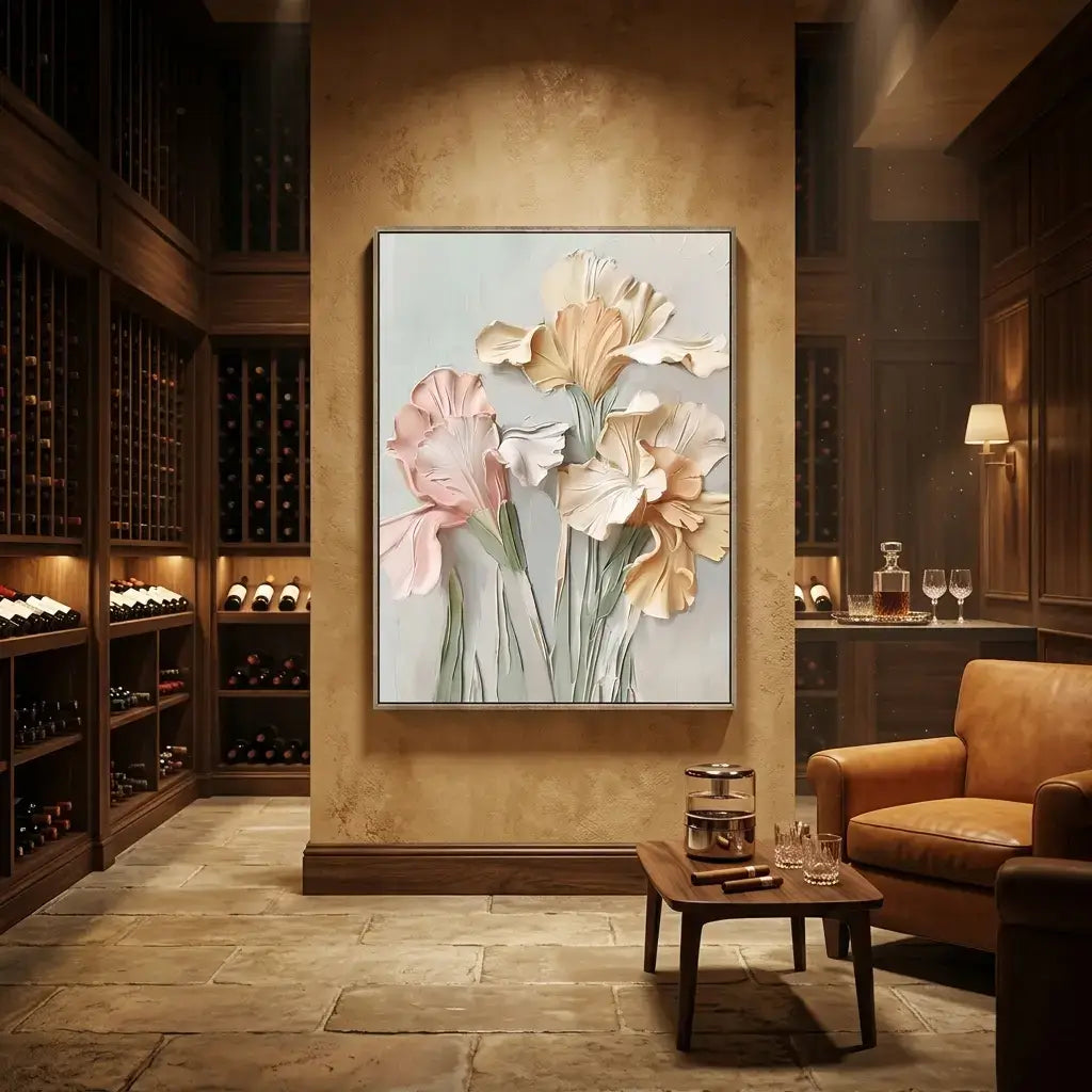 Floral painting in a wine cellar with a couch and coffee table.