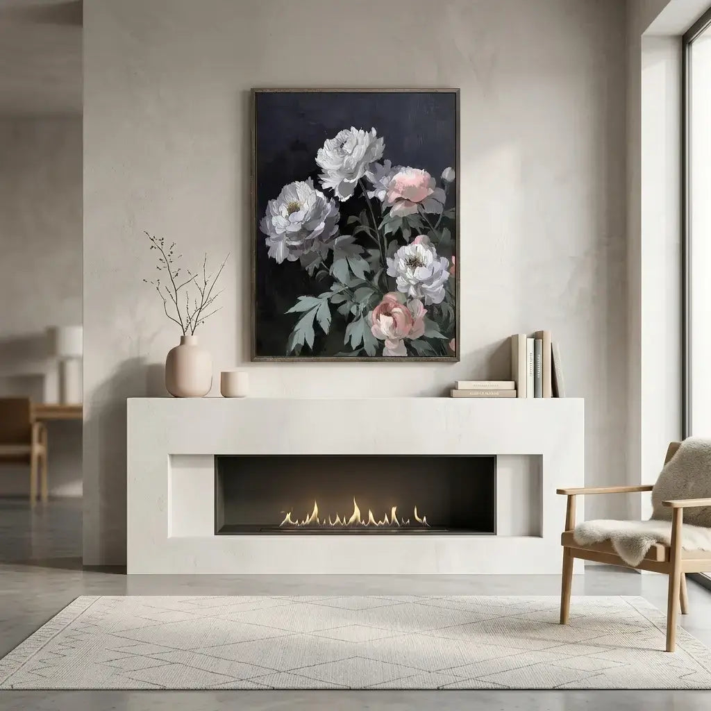 Modern living room with a fireplace, floral painting, and a chair.