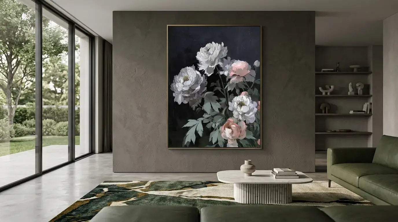 Floral painting on a wall in a modern living room with green sofa and large windows.