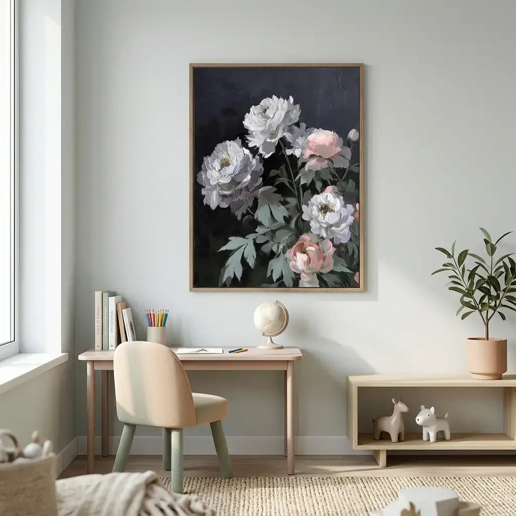 Decorative floral painting on a wall above a desk in a home office.