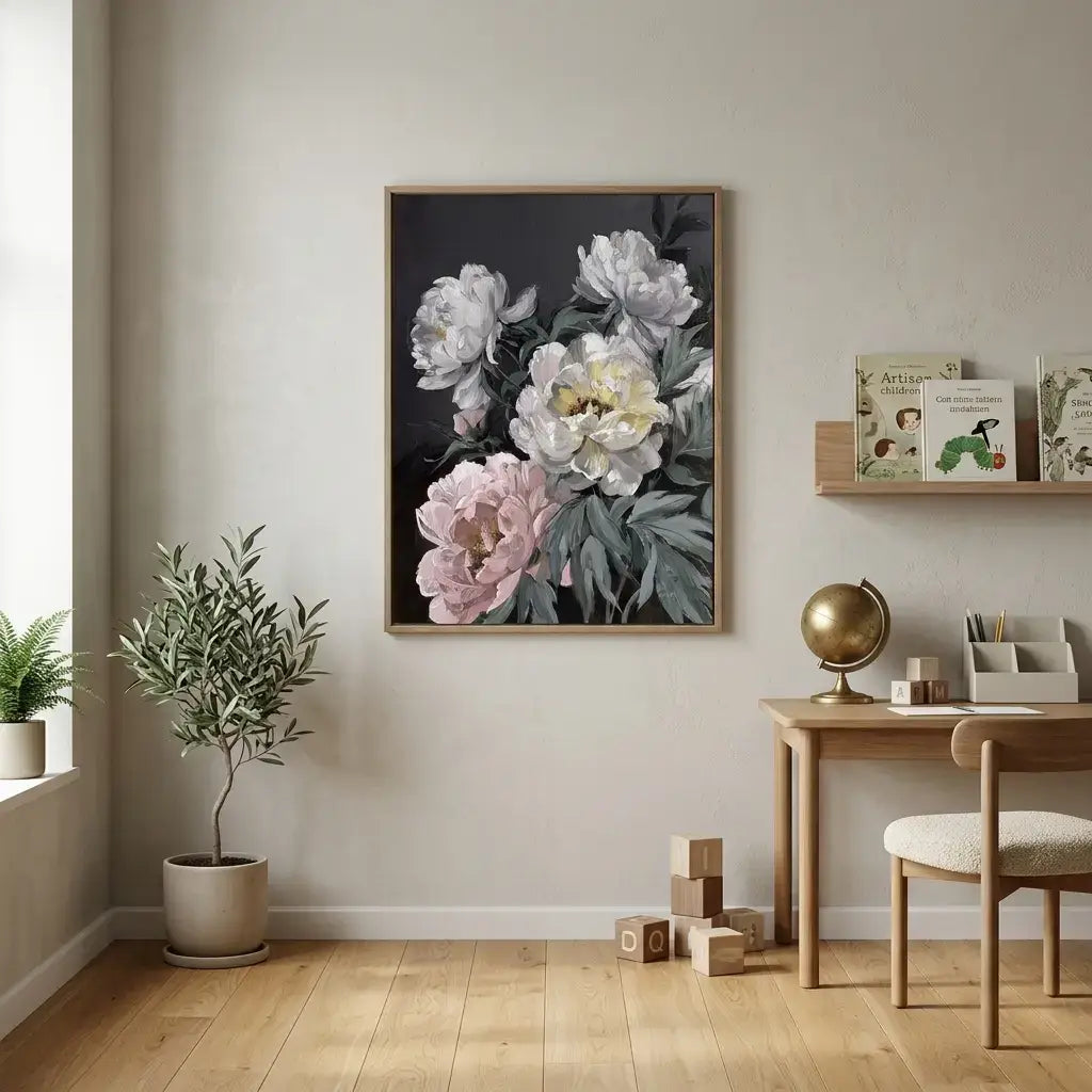 Floral artwork on a wall in a room with a desk and plants