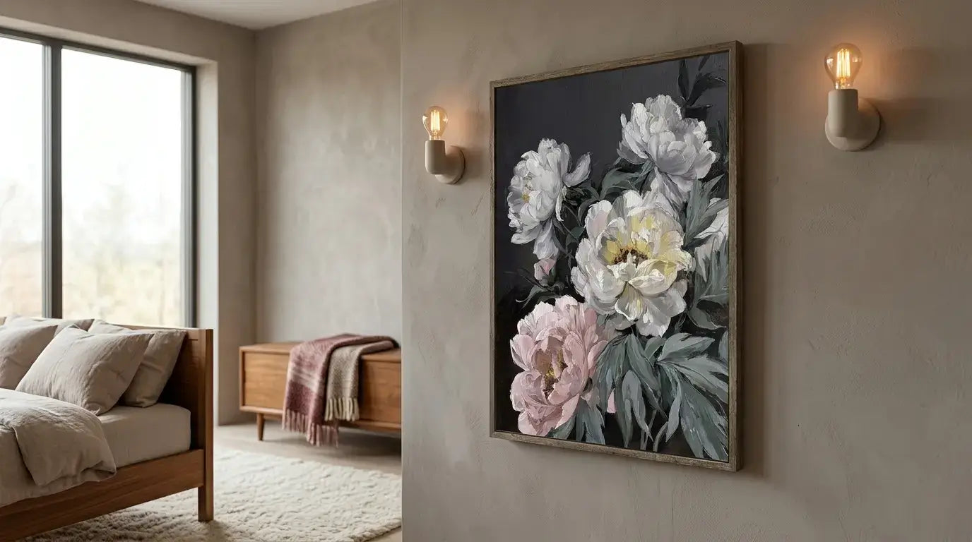 Floral painting on a wall in a bedroom with a bed and dresser.