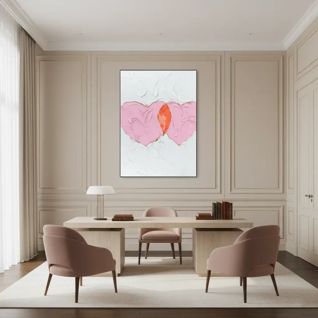 Modern dining room with a table and chairs, framed artwork on the wall.