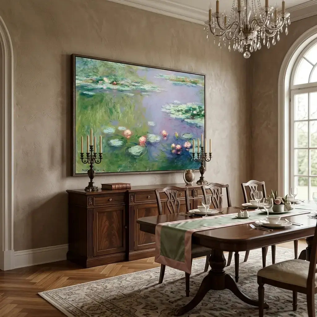 Dining room with a large painting of water lilies on the wall, wooden furniture, and a chandelier.