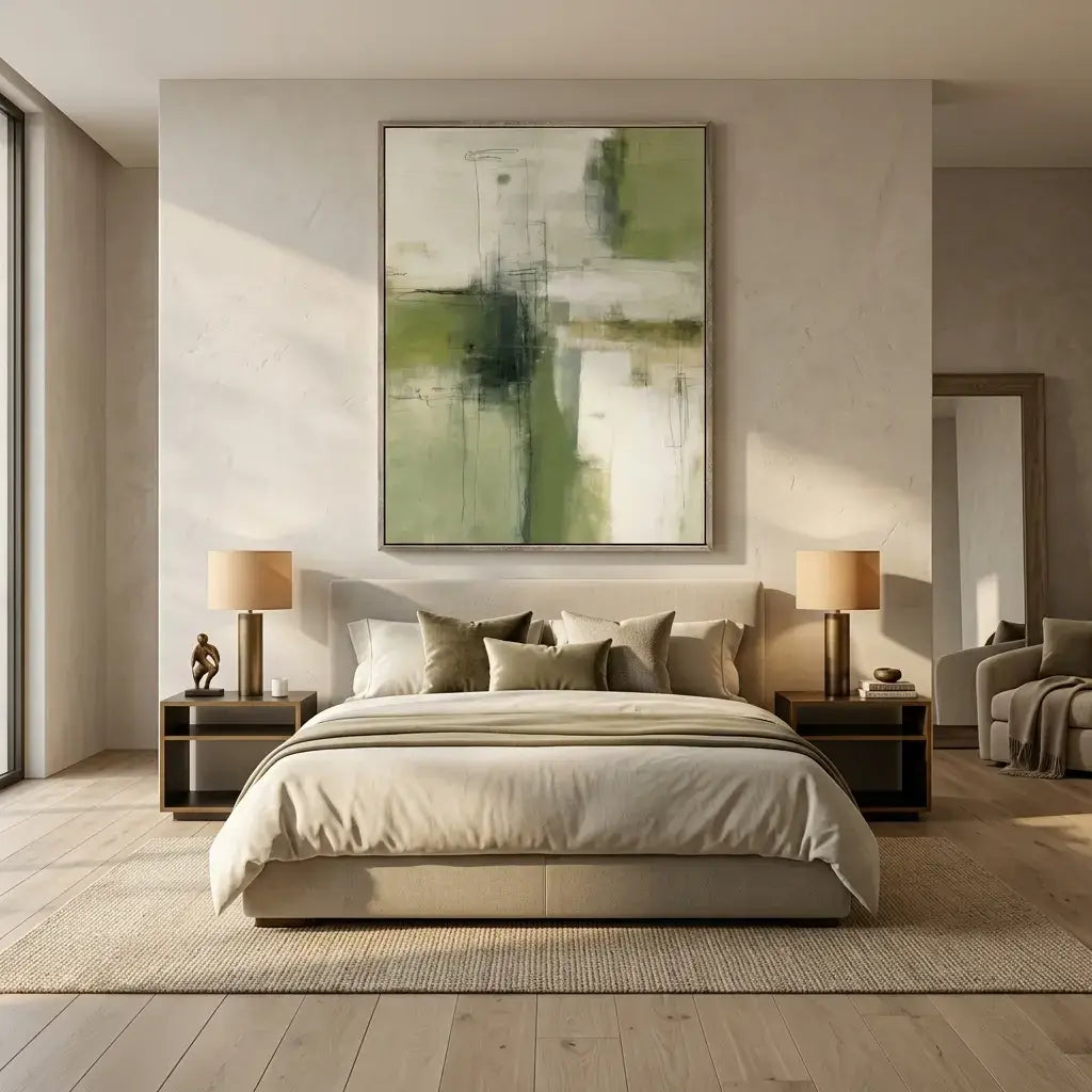 Modern bedroom with a bed, nightstands, and abstract art on the wall.