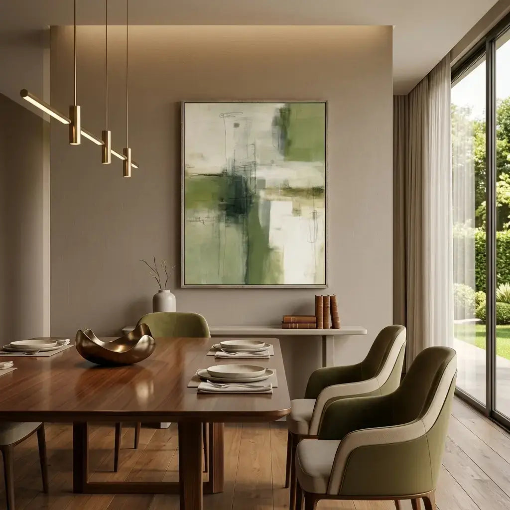 Modern dining room with wooden table, chairs, abstract painting, and large windows.