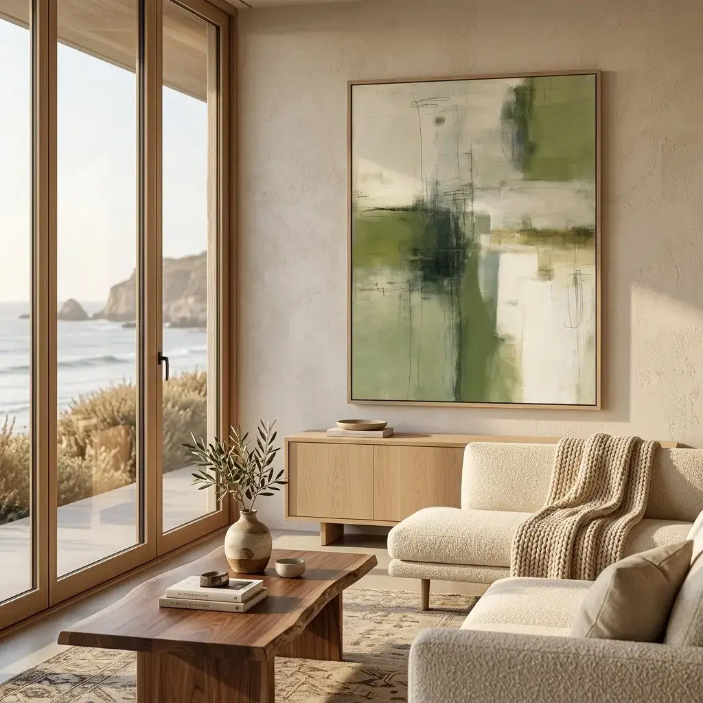 Modern living room with a large abstract painting, beige sofa, and wooden coffee table.