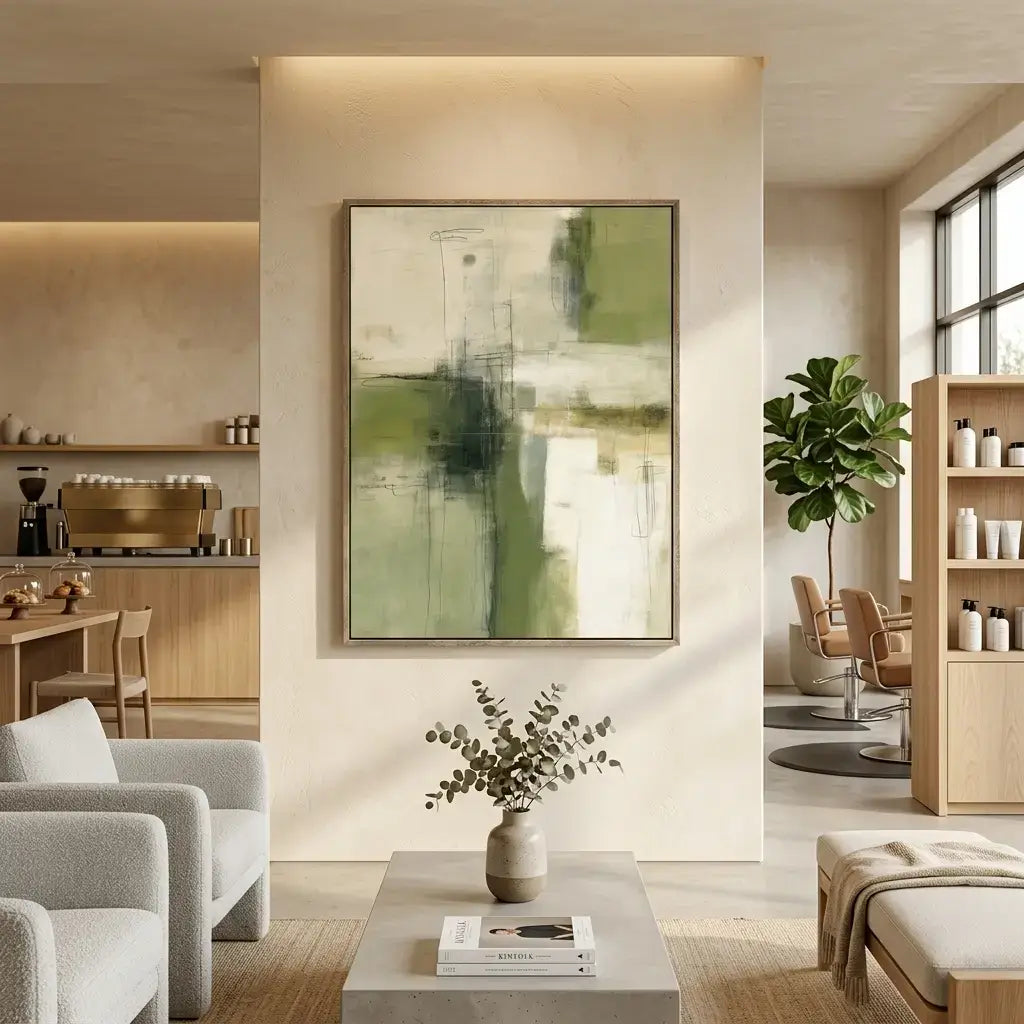 Modern living room with abstract art, plants, and furniture.