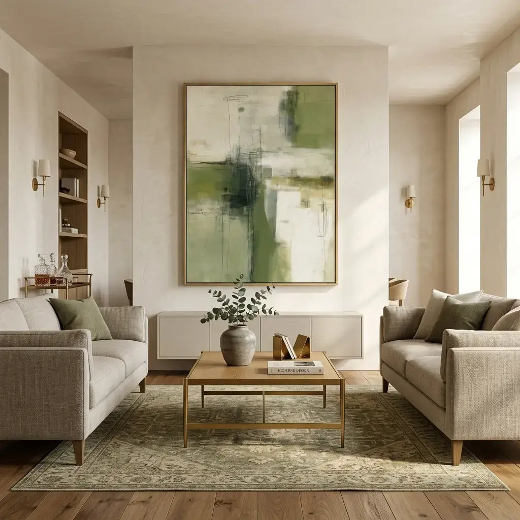 Modern living room with neutral tonal sofas, coffee tables and abstract paintings
