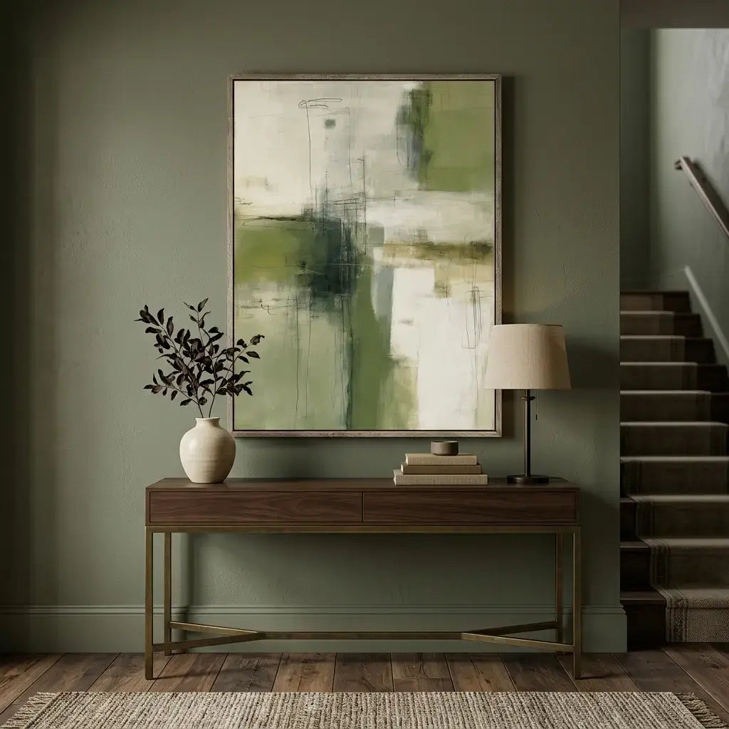 Console table with decorative items against a wall with abstract art