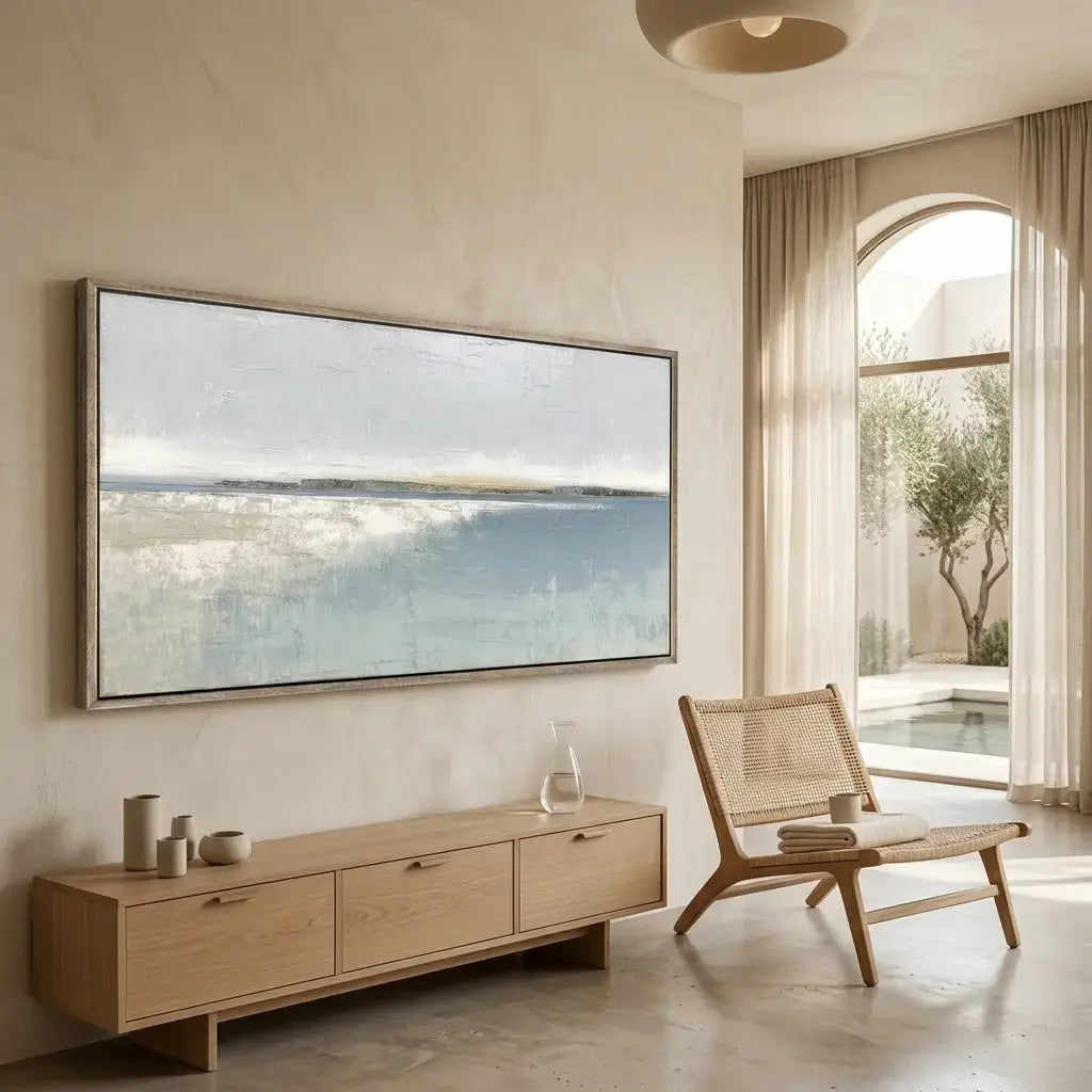 Modern living room with a large wall art, a wooden cabinet, and a chair.