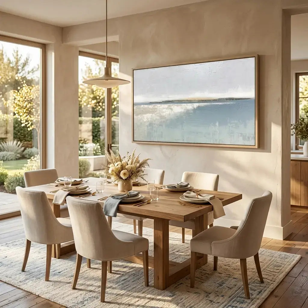 Dining room with wooden table and chairs, large window, and framed artwork on the wall.