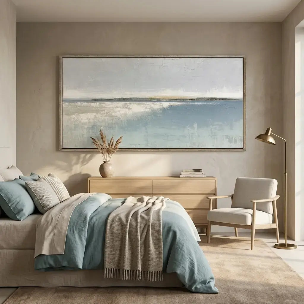 Modern bedroom with a large abstract painting on the wall, bed with blue and beige bedding, and armchair.