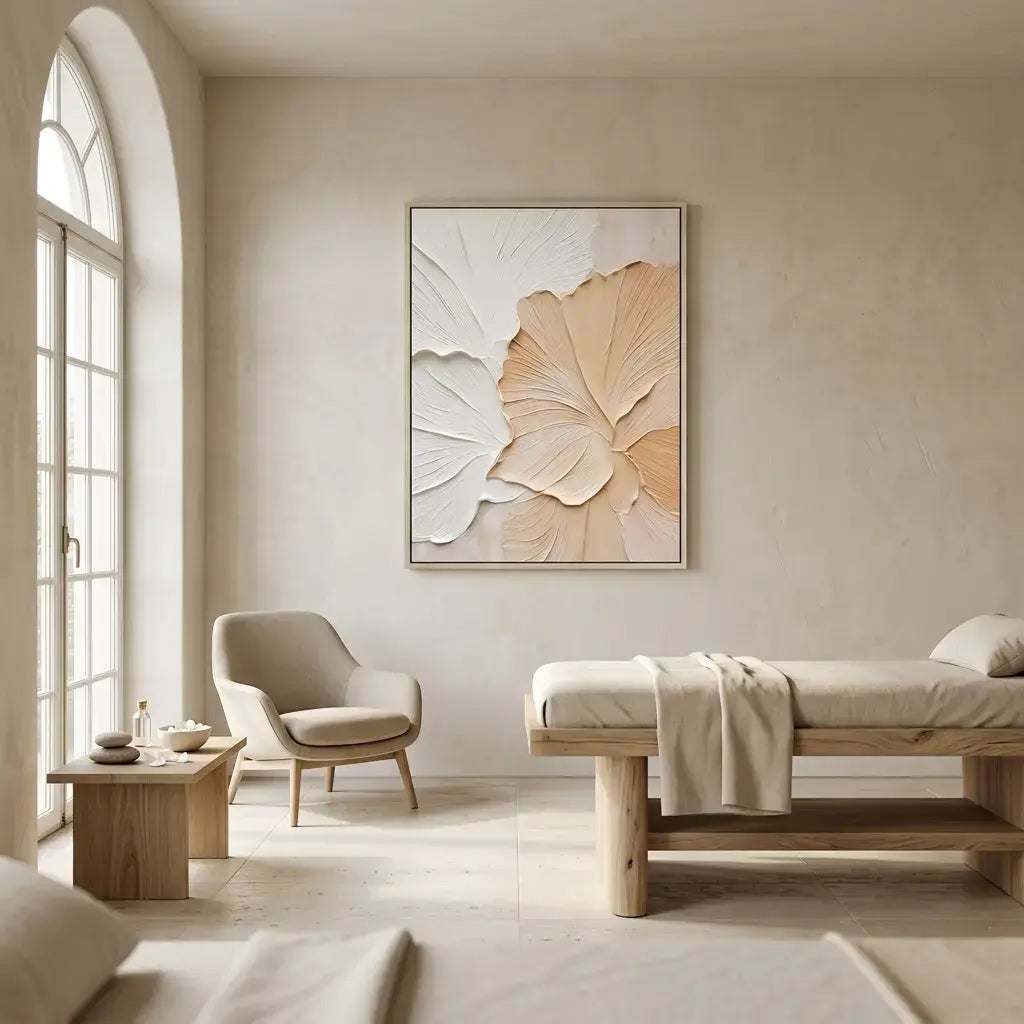 Modern interior design with a large abstract painting on a wall, a chair, and a bench.