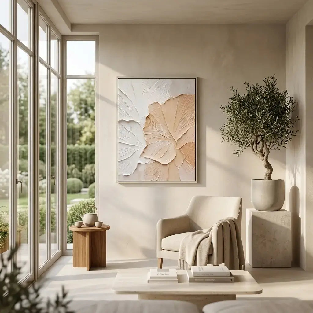 Modern living room with a large window, armchair, coffee table, and decorative elements.