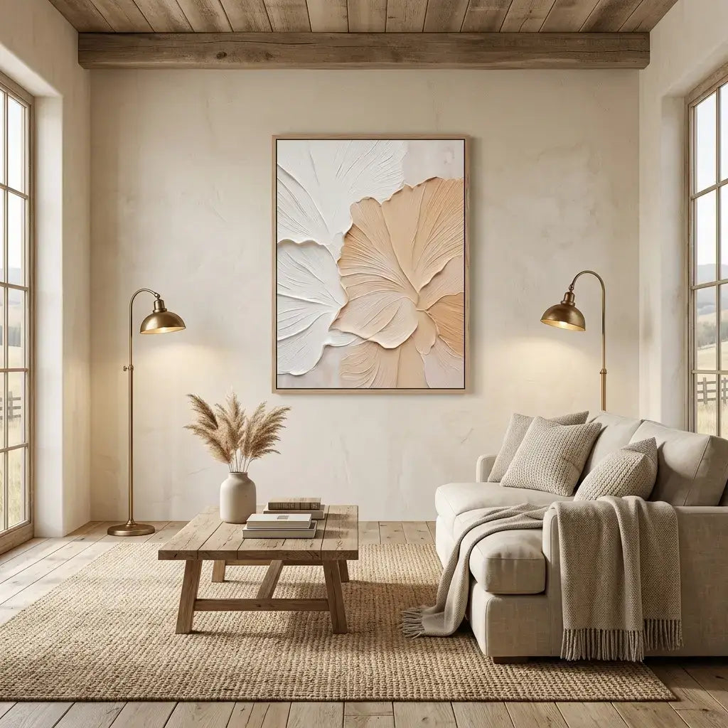 Living room with beige sofa, wooden coffee table, and floral artwork on wall.