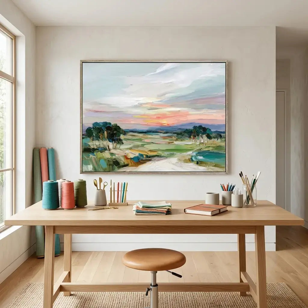 Home office with a wooden desk, chair, and wall art of a landscape.