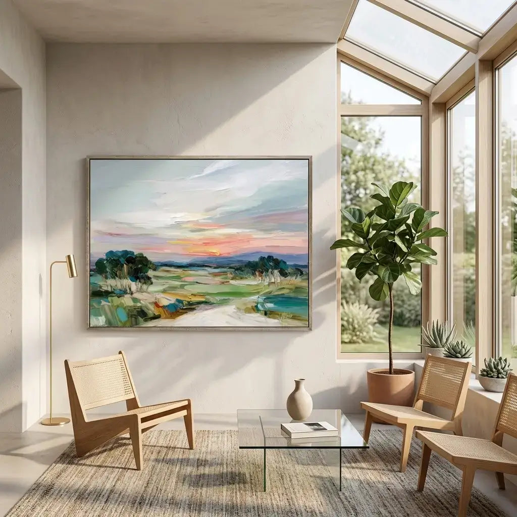 Modern living room with a painting of a sunset landscape on the wall.