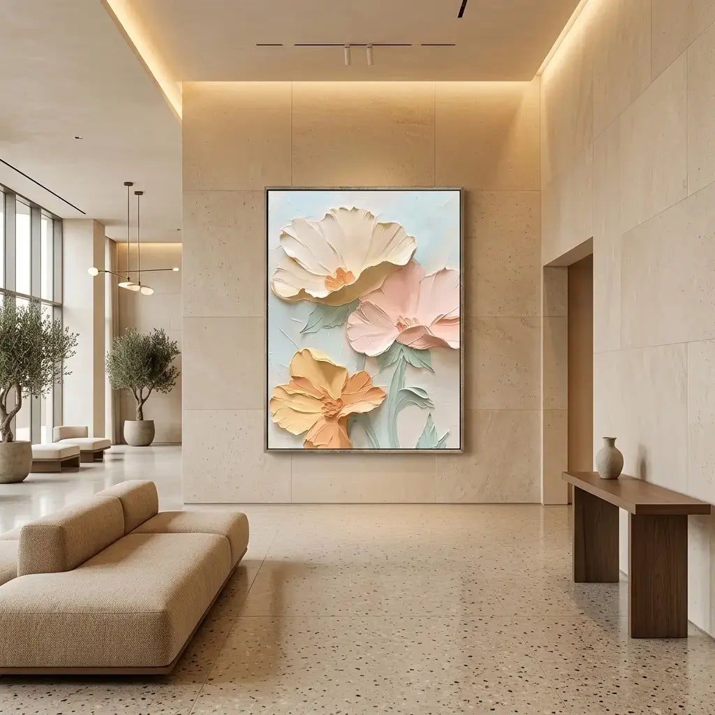 Modern interior with a floral painting on a wall, beige sofa, and wooden bench.