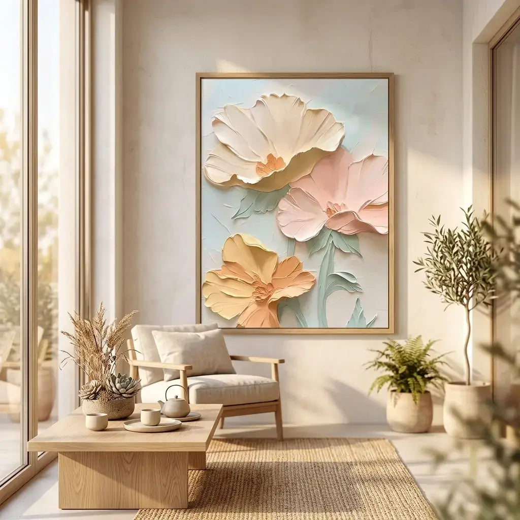 Living room with a floral painting on the wall, chair, and decorative plants.
