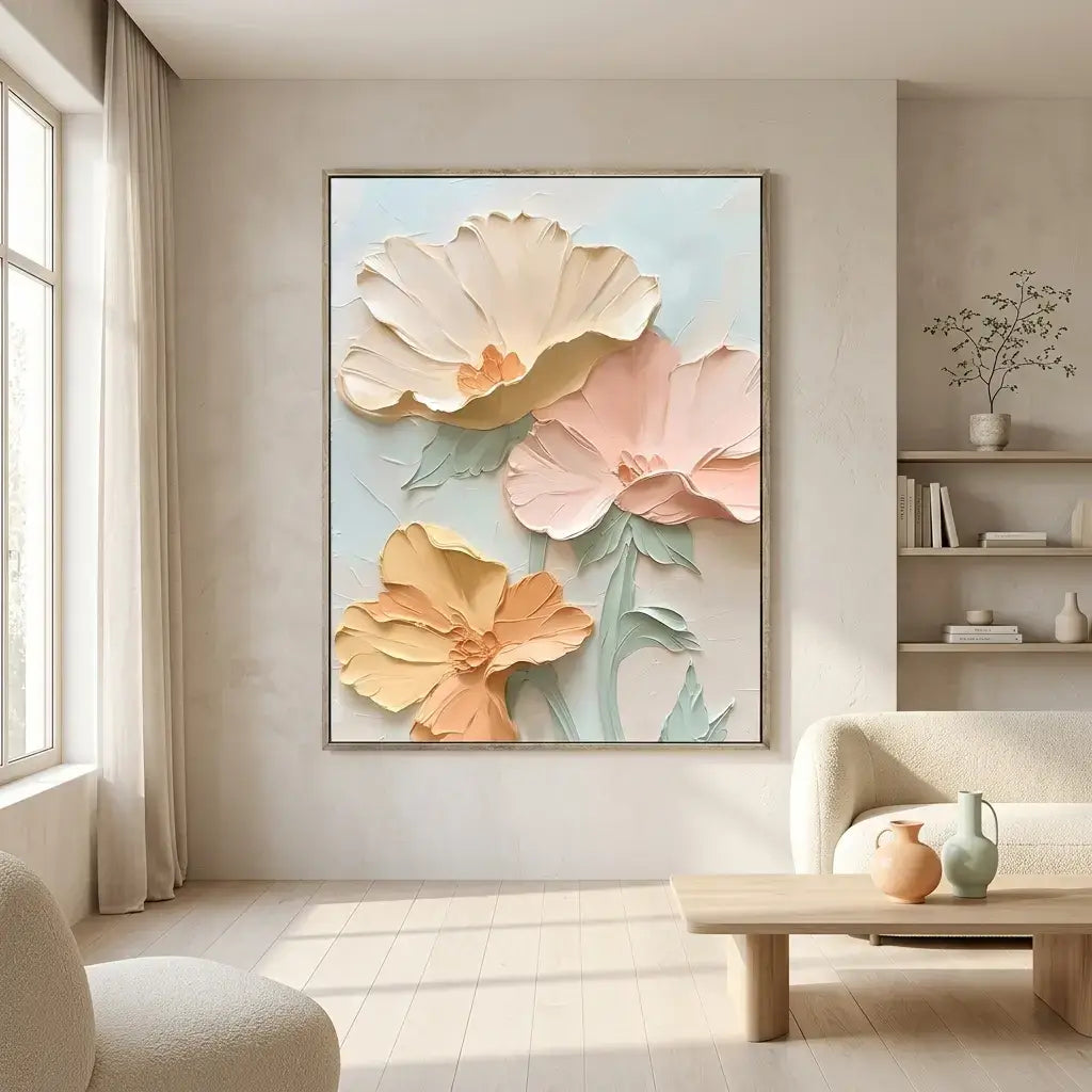Floral artwork in a modern living room setting