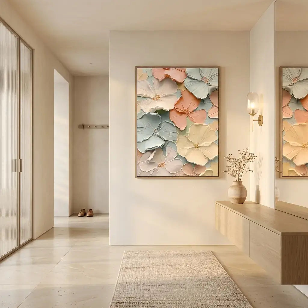 Modern interior hallway with floral artwork on the wall