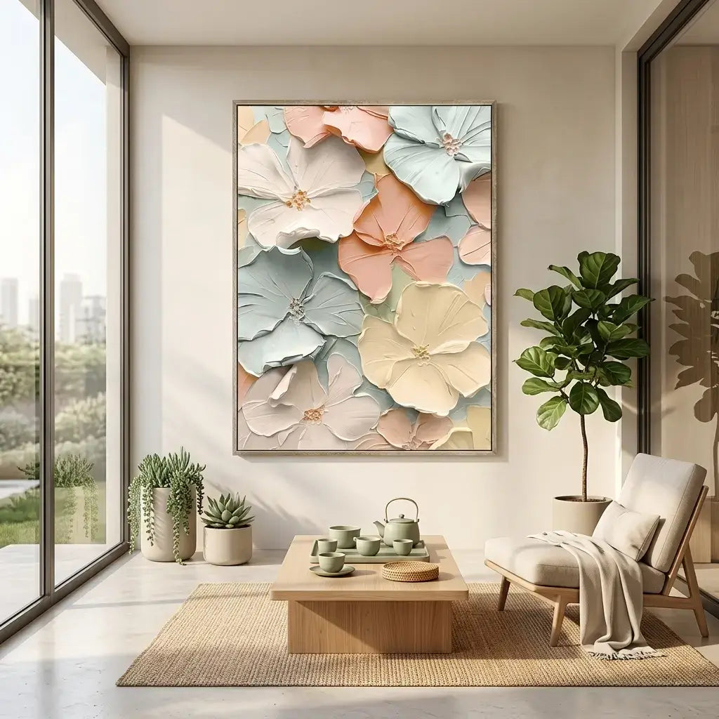Modern living room with a large floral artwork on the wall, a wooden coffee table, and a chair.