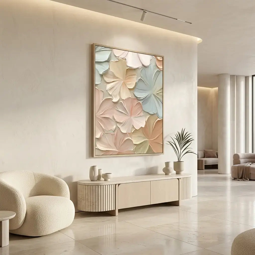 Modern living room with a decorative floral wall art piece.