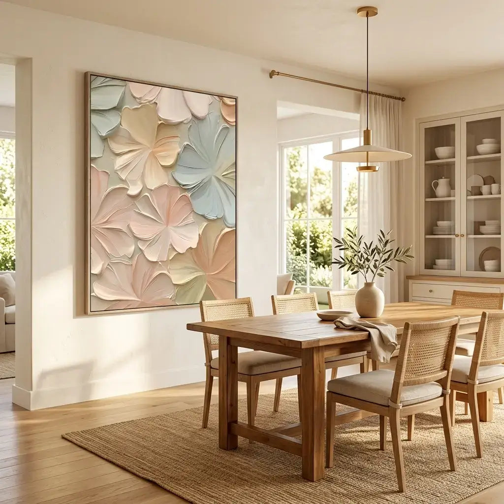 Dining room with wooden table and chairs, floral artwork on the wall, and a window with natural light.