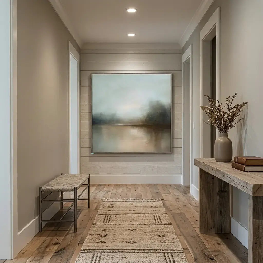 Modern hallway with abstract painting, wooden bench, and decorative vase.