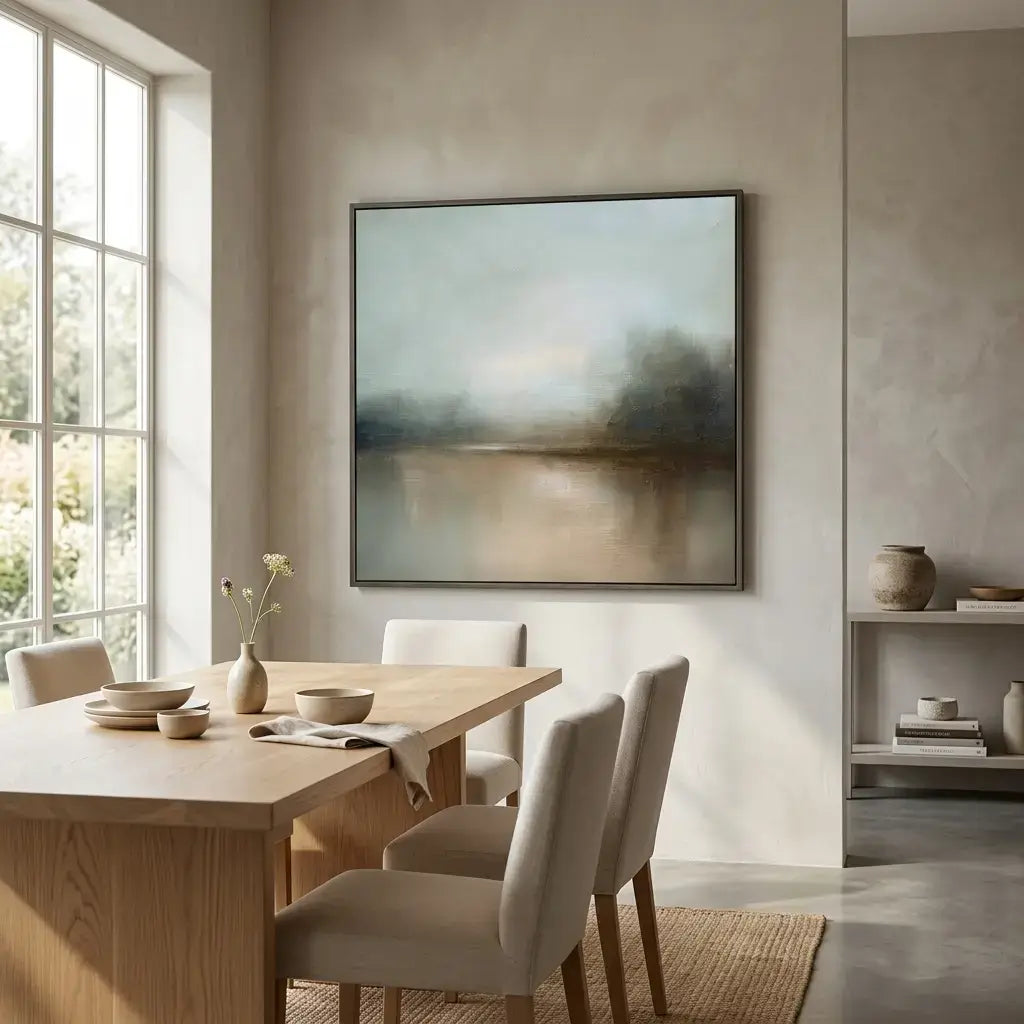 Dining room with wooden table and chairs, abstract painting on the wall, and natural light.